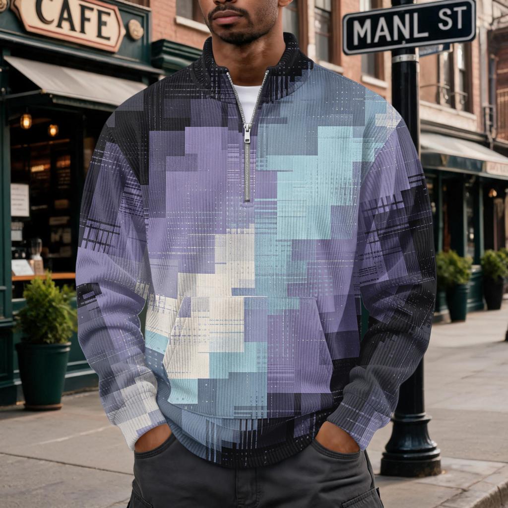 Men's Retro Corduroy Long Sleeve Shirt with Stand Collar and Pocket, Printed Casual Top