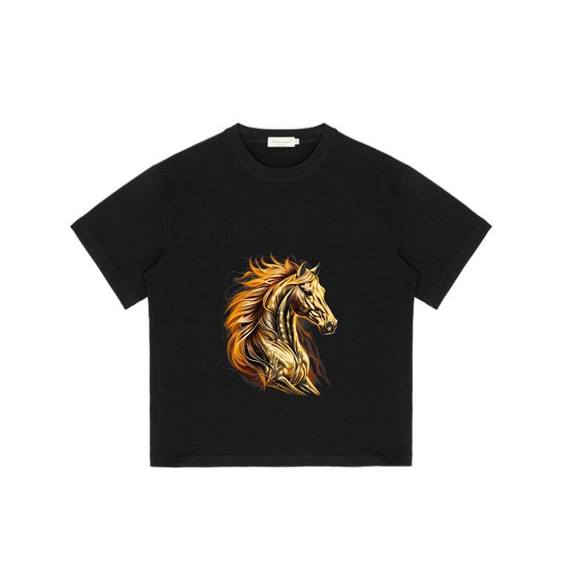 Black T Shirt With Golden Horse Print For Casual Wear