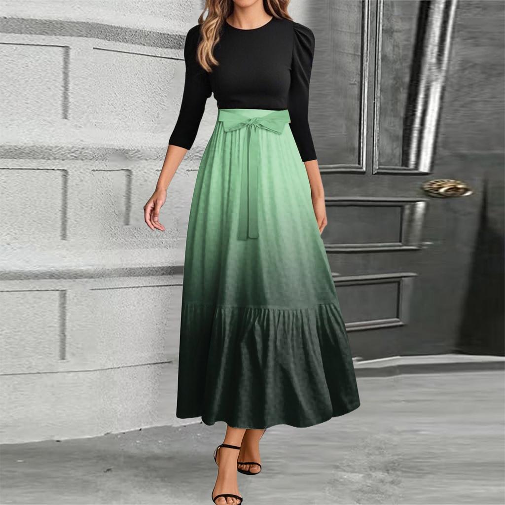 Women's Fashion Casual Belt Round Neck Gradient Splicing Elegant Temperament Three-quarter Sleeve Dress