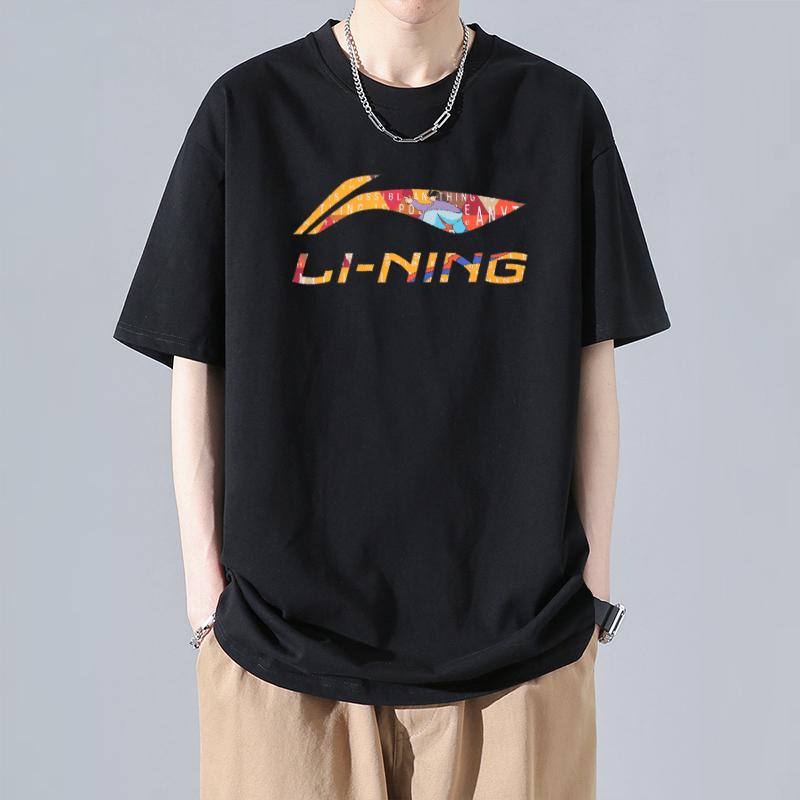 Li Ning Sports Fashion Series Letter Logo Cartoon Pattern Printed Casual Short Sleeve T-Shirt Unisex Tops Black AHSU837-1
