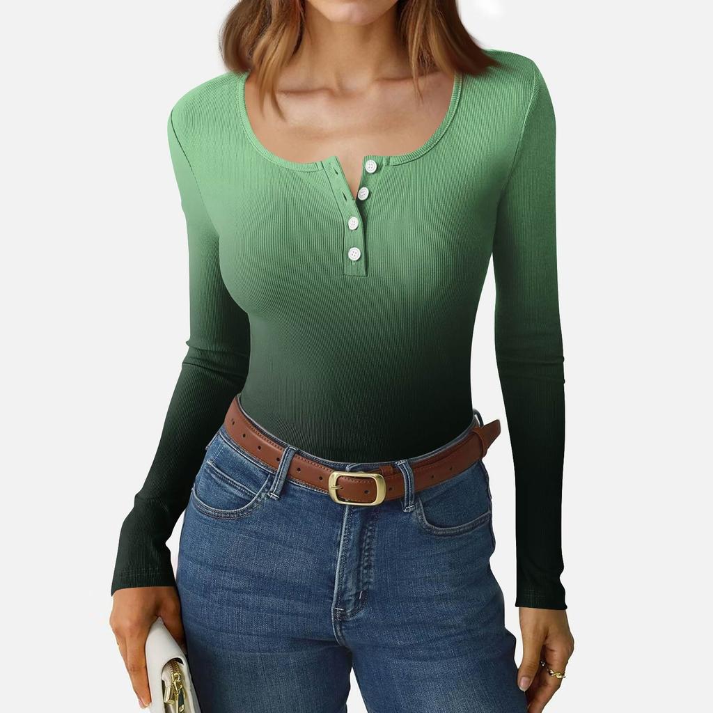 Dámské tričko s úzkým spodním lemem Módní ležérní s gradientním potiskem Kulatý výstřih Pulovr Dlouhý rukáv Top