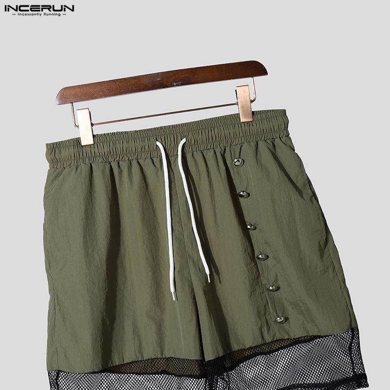INCERUN Men Drawstring Elastic Waist Pockets Hollow Patchwork Casual Cargo Shorts Pants