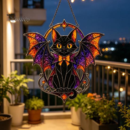 Cute Animal Themed Gift Halloween Bat Cat Suncatcher, Stained Glass Style Acrylic Sun Catcher, Gothic Home Wall Ornament Black Hanging for Window
