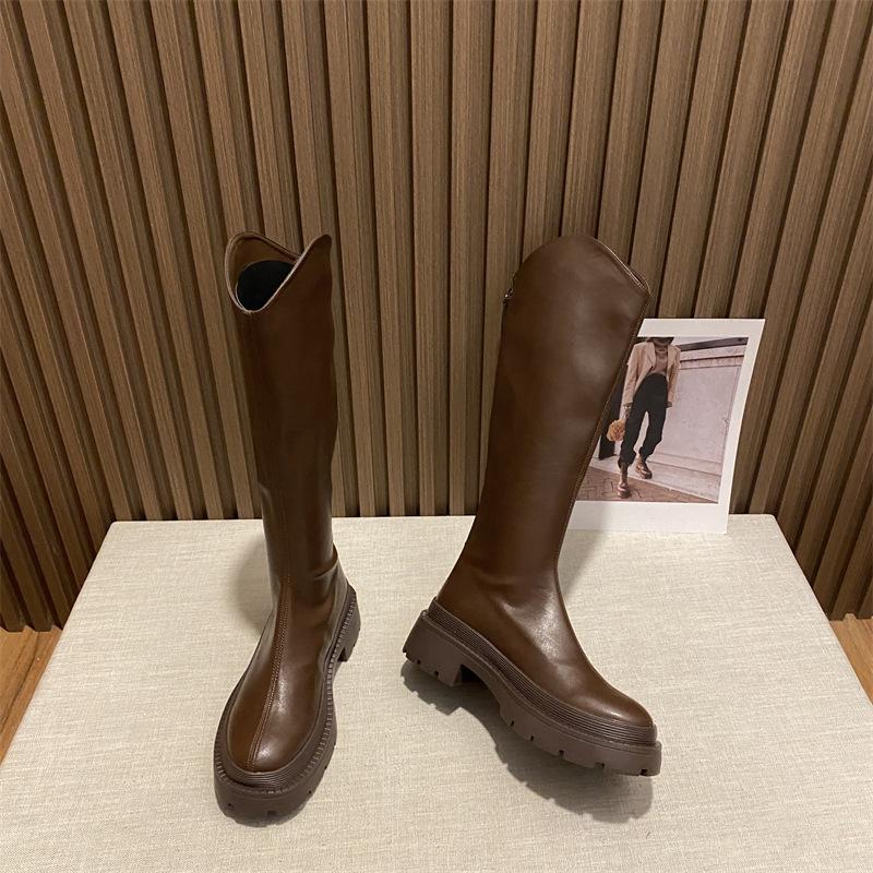 Women's autumn and winter new long boots, thick-soled long boots, high boots, women's middle heel but knee leather boots, velvet