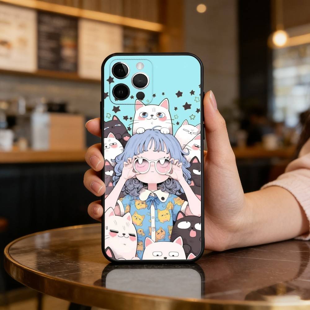 Cartoon C-Cat A-Art Phone Case For iPhone 17,16,15,14,13,12,11 Plus,Pro Max,Soft Silicone Black Cover
