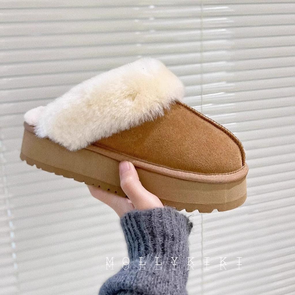 Cowhide Version~ Slippers Women Wear Winter Fur Integrated Thick-soled Bag Head Fluffy Slippers Plush Snow Boots Cotton Shoes