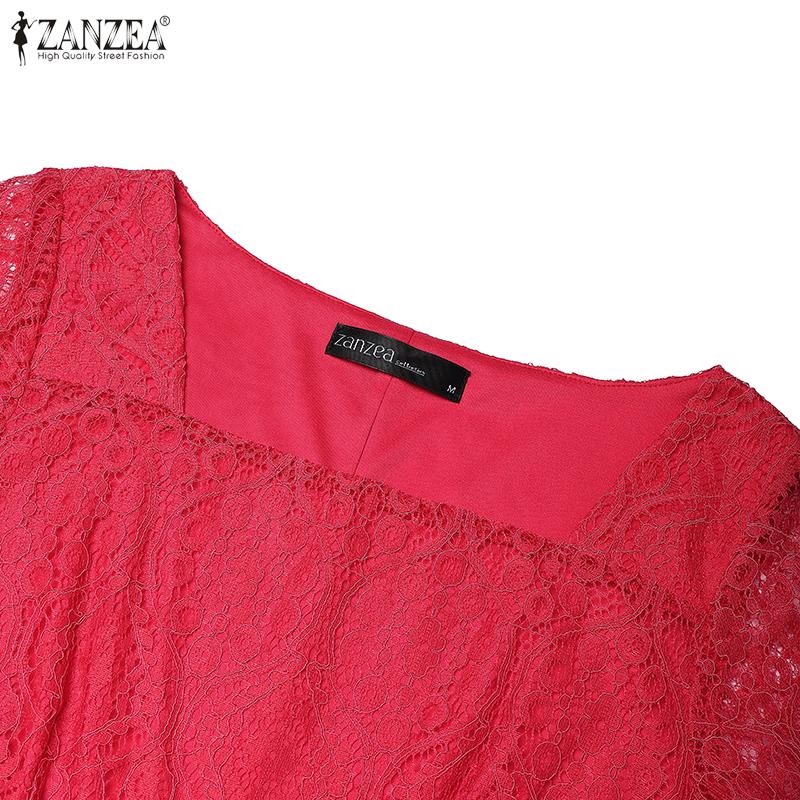 ZANZEA Elegante Spitze Damen Casual Quadratkragen Kurzarm Langes Kleid