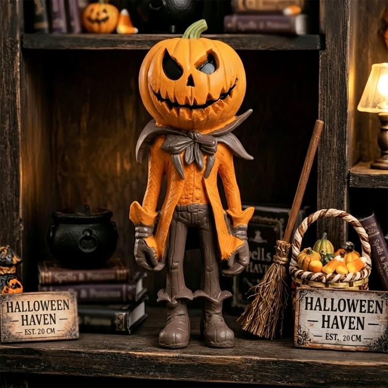 Resin Halloween Pumpkin Man Figurine with Painted Detail, Collectible Statue for Tabletop Decors, Mantels Entryway Desk Fall Styling