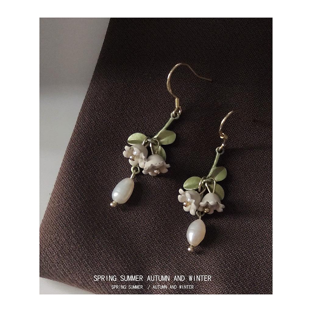 Lily of the Valley Silver-Plated Earrings with Green Tassel and Freshwater Pearl