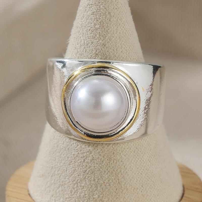 Minimalist Inlaid Imitation Pearl Women's Ring Trendy Two Color Geometry Daily Wear Party Jewelry Anniversary Gift