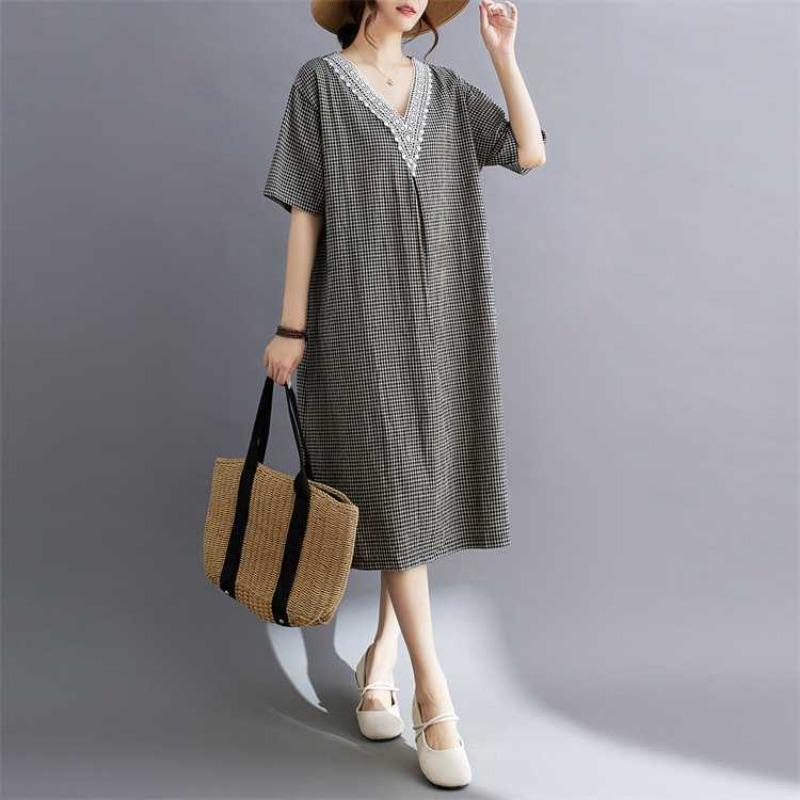 Summer Retro Cotton Linen Lace Cotton Linen Plaid Dress