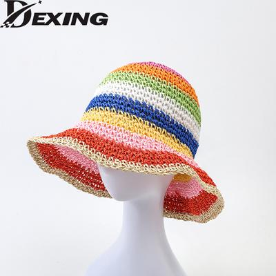 Chapeau Bob Crochet Rayé Arc-en-ciel Chapeau de Plage en Paille Respirant Fait Main Chapeau de Soleil Femmes