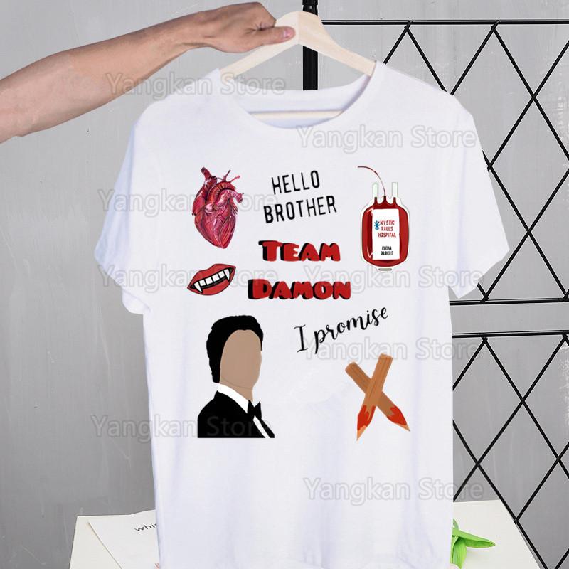 Damon Salvatore The Vampire Diaries Tshirts Men Shirt Harajaku Chronicles Vampiricas Summer Streetwear Casual Tee Short Sleeve