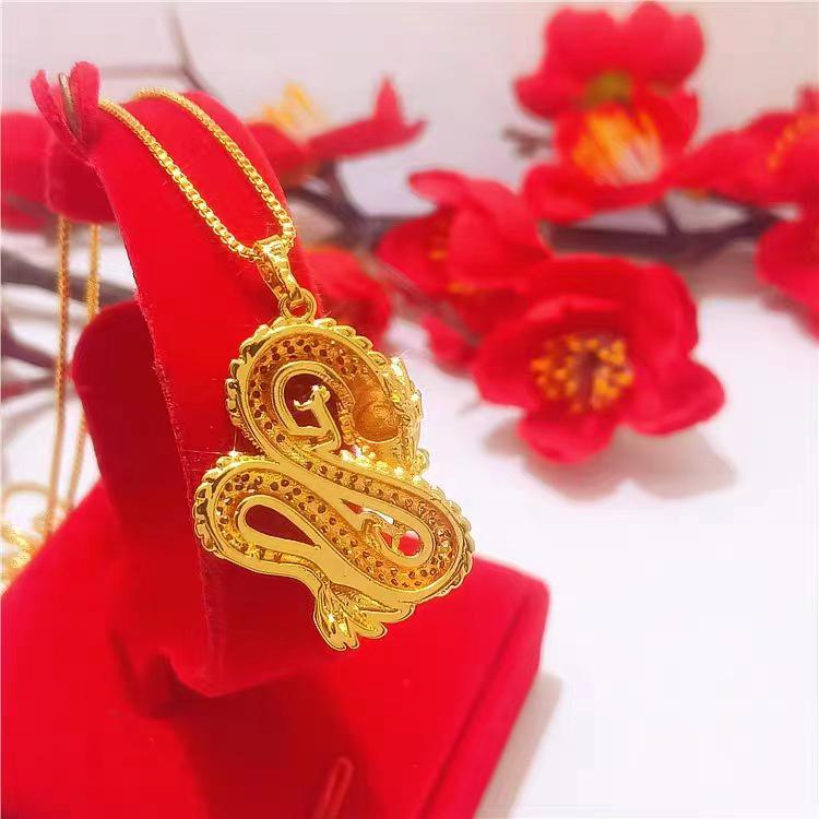 Vietnam Gold Emblem Diamond-Studded Dragon Pendant Necklace for Men - Brass Gold-Plated Imitation Tycoon Jewelry