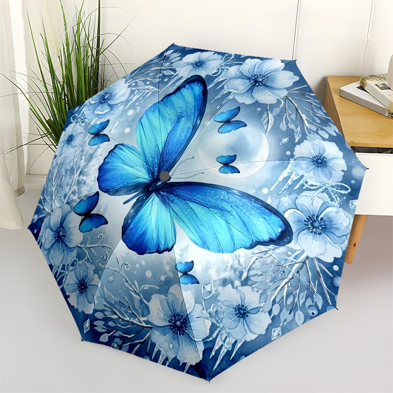 1pc Blue Butterfly Winter Flowers Umbrella with Plastic Handle,Compact & Stylish,Suitable for All Seasons YS331098