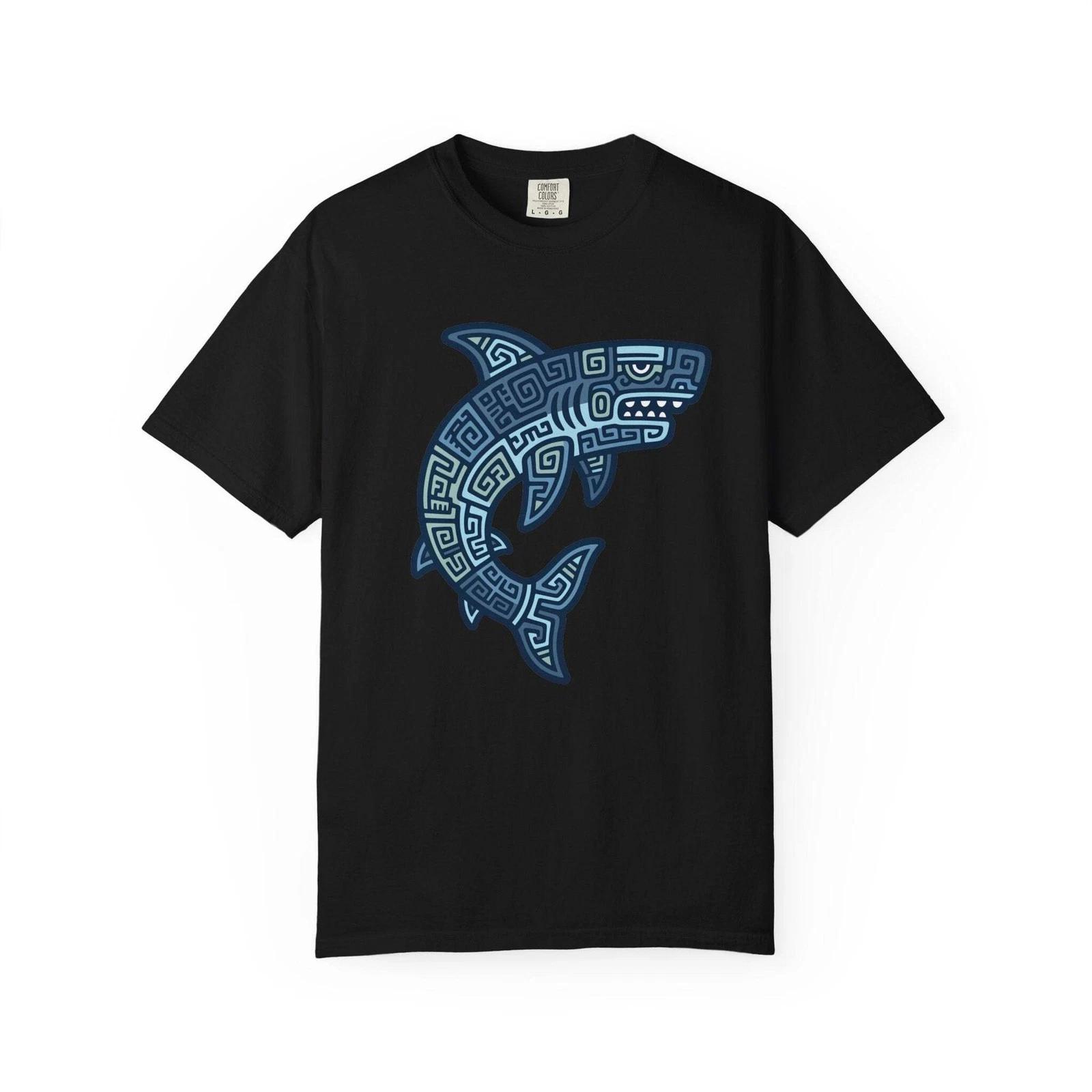 Mayan Tribal Shark T-Shirt | Blue Geometric Design Ocean Tee | Comfort Colors M