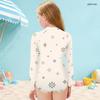 Girls Cream White High Neck Long Sleeve Front Zip Floral Printed One Piece Swimsuit