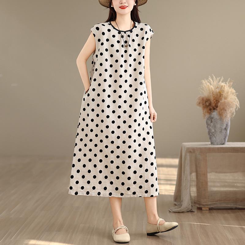 2026 Polka Dot Cotton & Linen Summer Dress: Women's Casual Slim-Fit Mid-Length