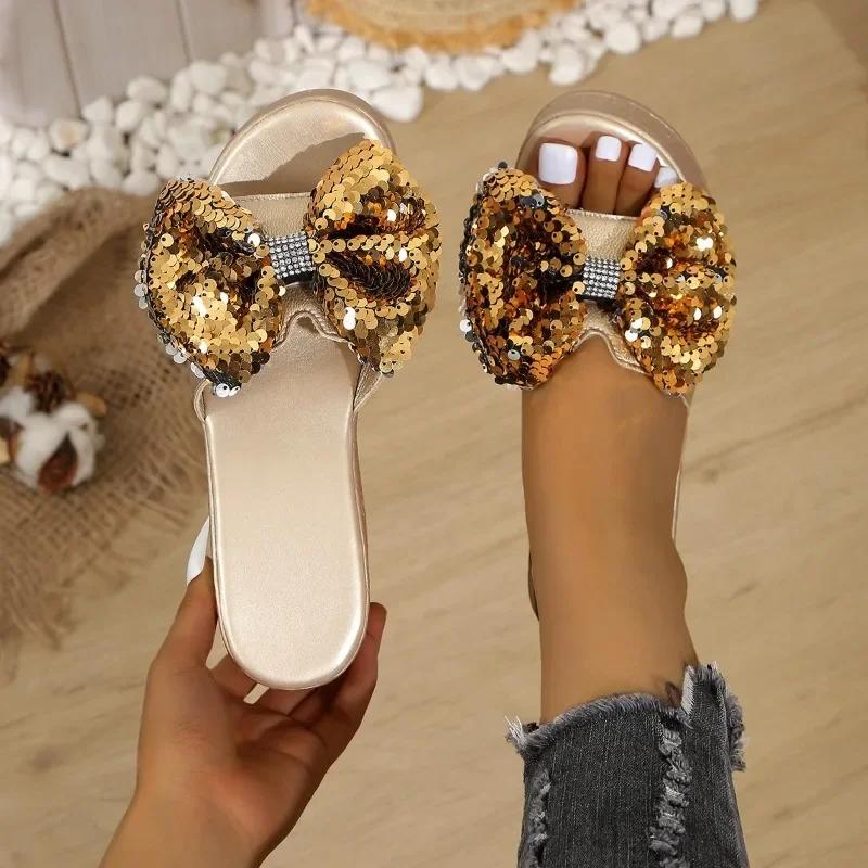 Fashion Women's Shoes 2024 Plus Size Women's Sandals Fashion Sequins Butterfly-knot Dress Slippers Women New Peep Toe Wedge Slippers