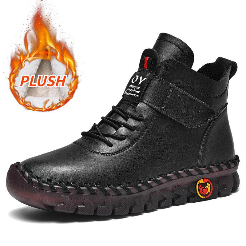 Winter Hand-stitched Women Boots Fur Plus Velvet Warm Platform Ankle Boots Red Leather Boots Women's Anti Slip Mom High Top Boot
