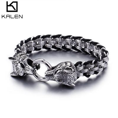 Punk Style Jewelry, Stainless Steel Double Wolf Head Buckle, Titanium Steel Woven Rhombus Men'S Bracelet.