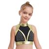 Dívčí taneční crop top s falešným rolákem, bez rukávů, s výřezem na zádech, lesklými kamínky, barevným blokováním, na vystoupení