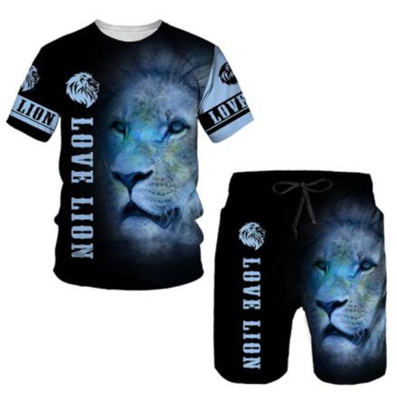 Summer Lion Animal Pattern Printed Men's Casual Comfortable Loose Short Sleeved Two-piece Sport Wear