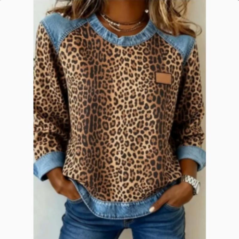 Europäische Und Amerikanische Damenbekleidung Neue Modelle Kariert Nachahmung Kunstdenim-Druck Rundhals Langarm T-Shirt( Nicht-Denim-Stoff)