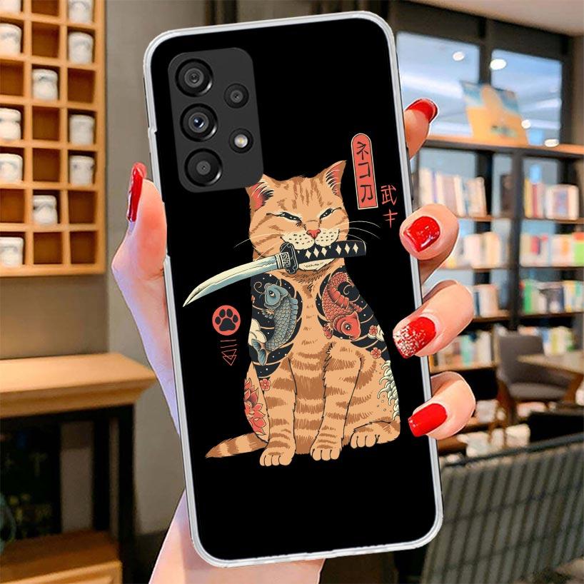 Ramen Sushi Samurai Tattoo Cat Phone Case For Samsung Galaxy A17 A37 A57 A16 A26 A36 A56 A15 A25 A35 A55 A14 A24 A34 A54 A13 A23