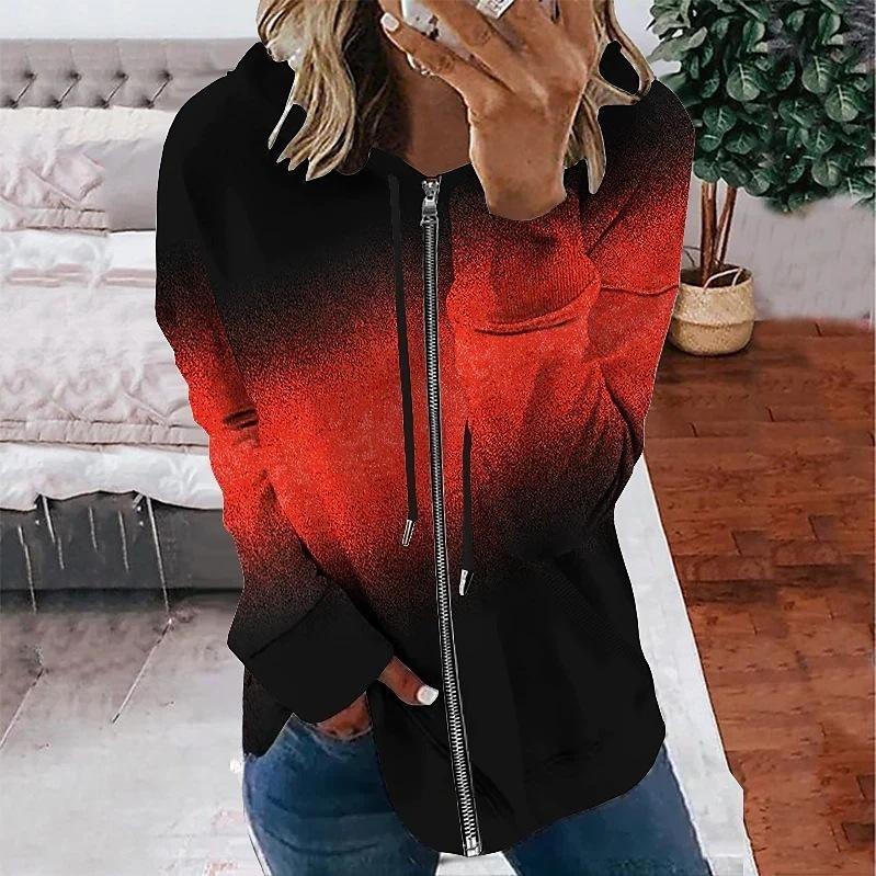 Winter Gradient Printed Hooded Sweatshirt Sportwear Coat for Women Zipper Down 3D Pocket Hoodies Autumn Women's Clothing