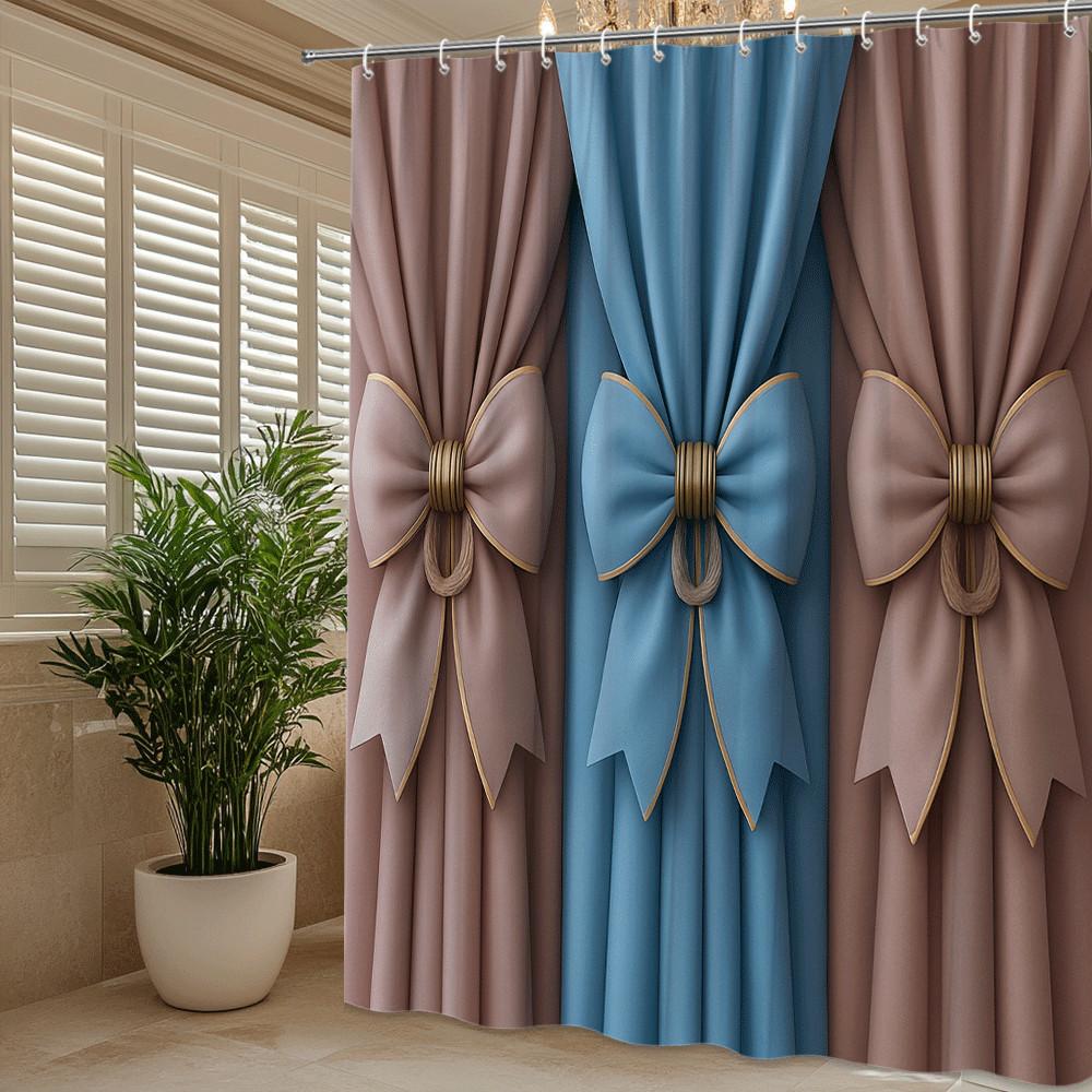 Elegant Bow Shower Curtain Pink Blue Velvet Design Luxury Bathroom Decor Fashionable 3D Print Waterproof Free Hooks Included