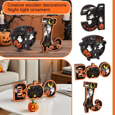 Wooden Halloween Decorative Night Light Sign with 3D Carved Pumpkin Ghost and Haunted House Design for Seasonal Indoor Display