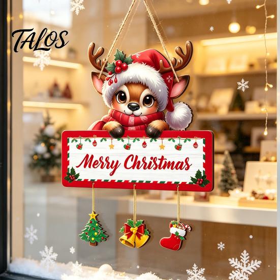 Christmas Wooden Hanging Ornaments Winter Sign, Elk Snowman Decorative Plaque, Sign Door for Holiday Party Home Decor Rustic