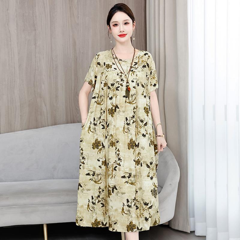 2 Neues hochwertiges florales Baumwoll-Seiden-Kleid für Damen-Sommer-Temperament, Bauchbedeckung für Mütter, große Größe künstliche Baumwolle langer Rock