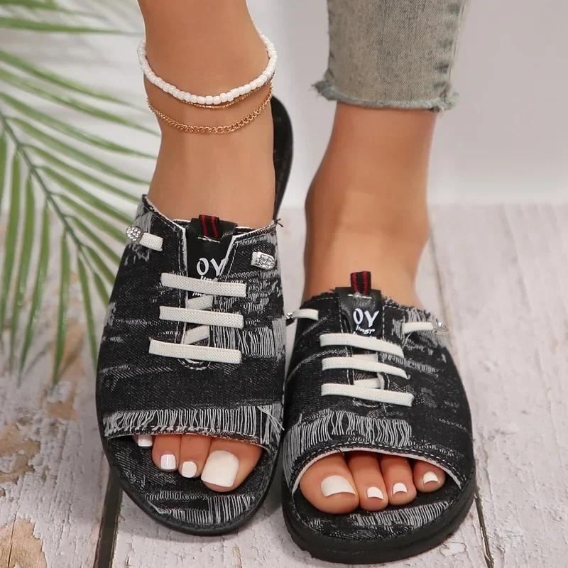 New Canvas Slippers for Women Summer Breathable Sandals Open Toe Ladies Denim Comfort Flat Shoes Zapatos Mujer Size 43