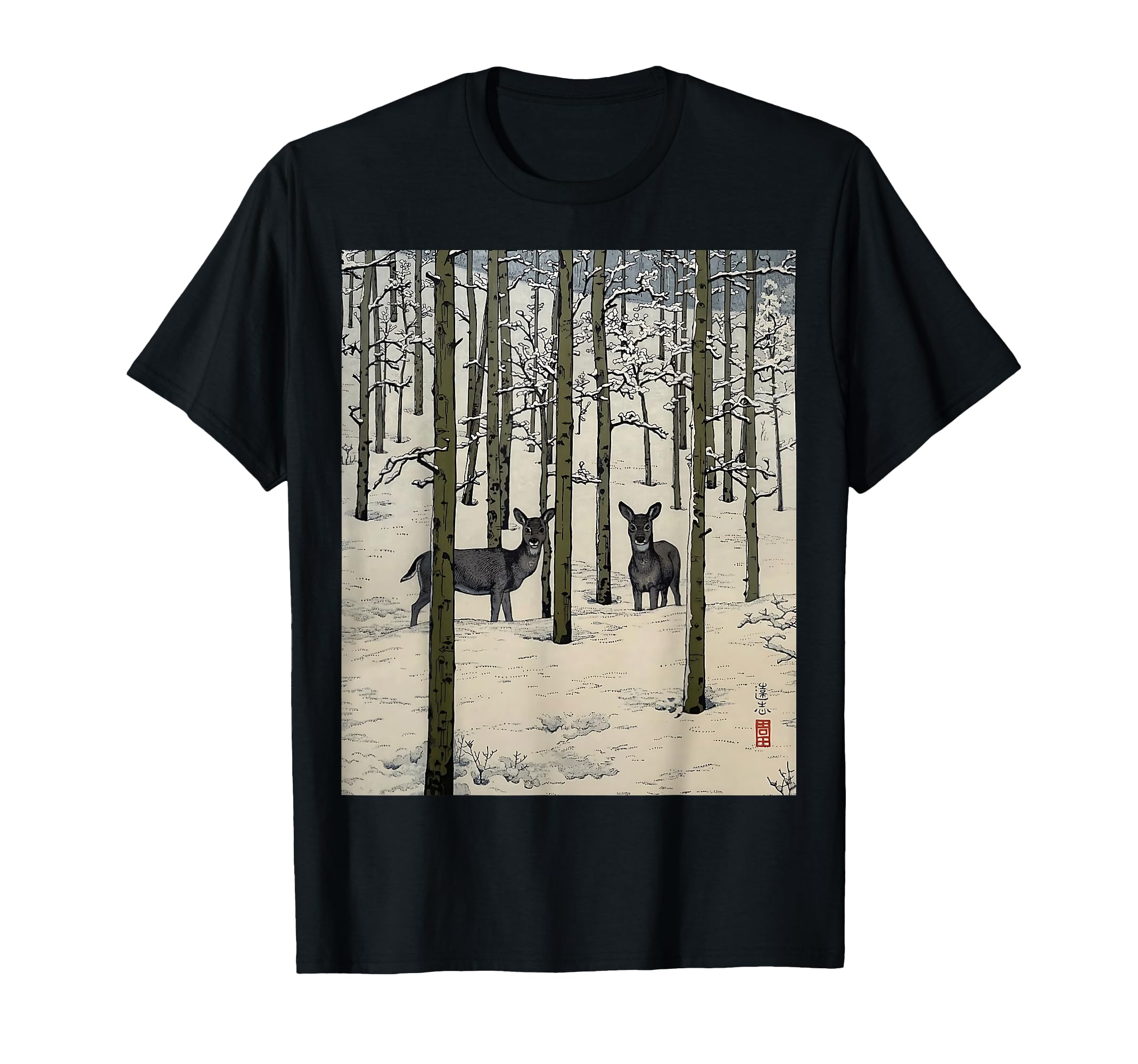 

Nara Yoshida Creative Japanese Aspin Deer, City, Japan, Forest, Snow, Winter, Toshi, Print, Art, Ukiyo-e, T-Shirt, чёрный