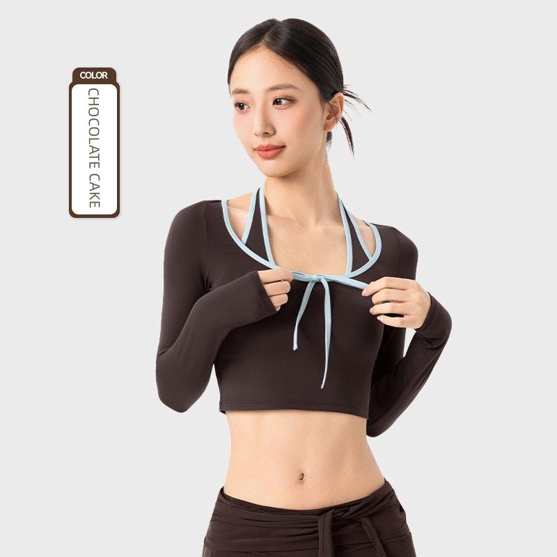 Export Fake Two-Piece Halterneck Long-Sleeved Fixed Cup Short Sports Tops Contrast Color Binding Easiest for Match Fitness Yoga Wear Women