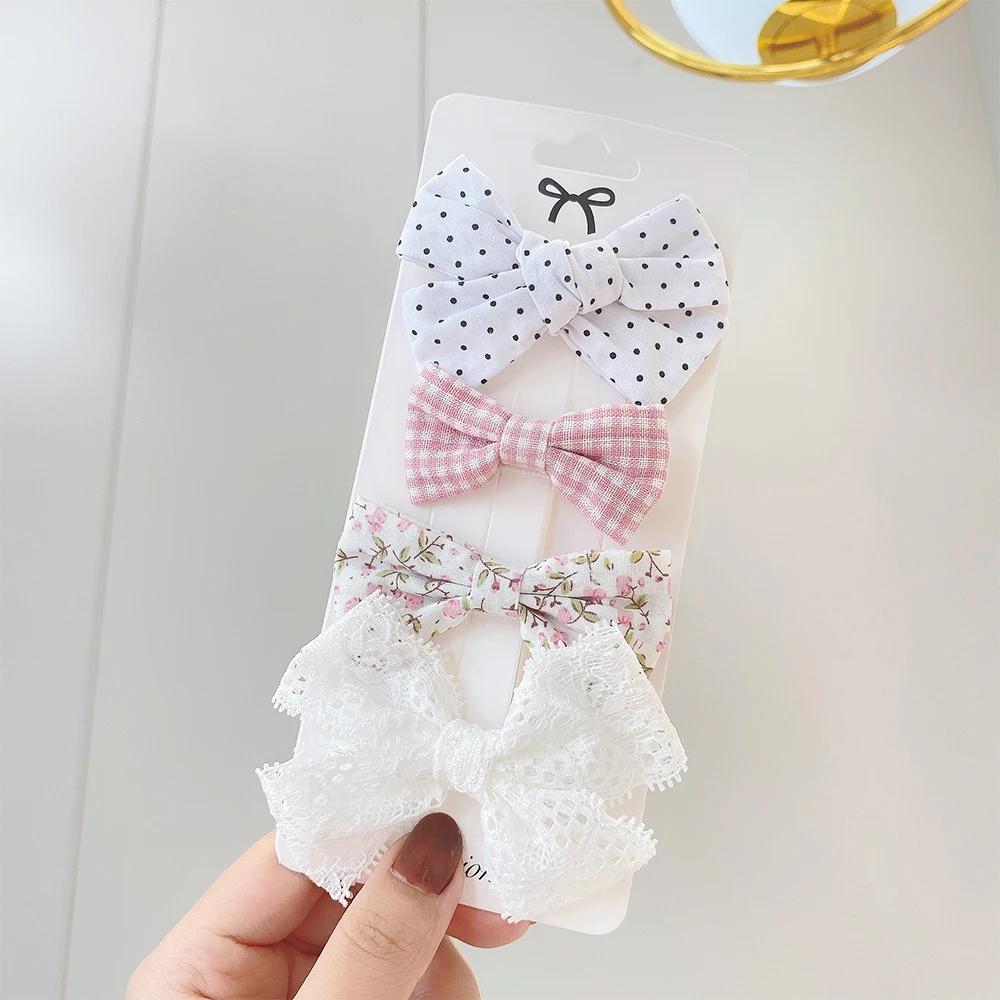 4Pcs/Set Floral Lace Hair Clip Set Girl Cute Bow FlowerTrimming Headwear Cartoon Hair Clips Hairpin Headdress Hair Accessories