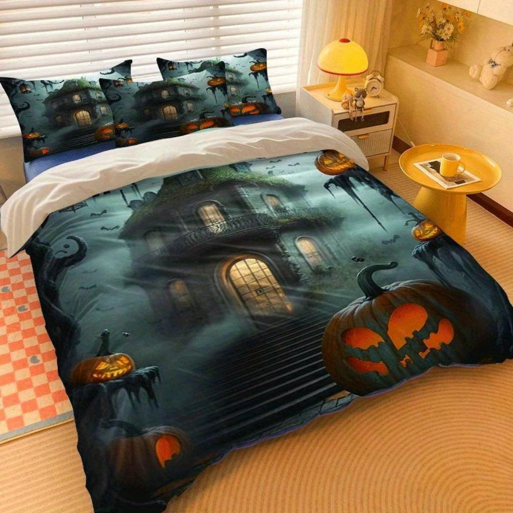 Horro Halloweenowy Zestaw Pościeli Dynia Drukowana Cyfrowo Miękka Przytulna Poszwa na Kołdrę Rozmiar King Queen Twin Single Prezent Urodzinowy Dekoracja Pokoju