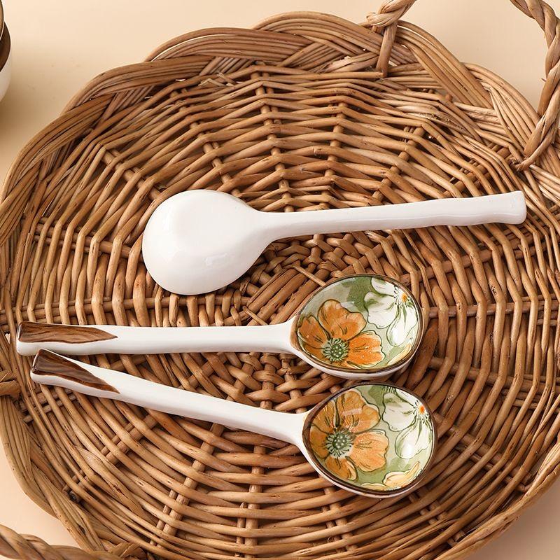 5 Inch Underglaze Ceramic Rice Bowl with Spoon Traditional Dessert Bowl
