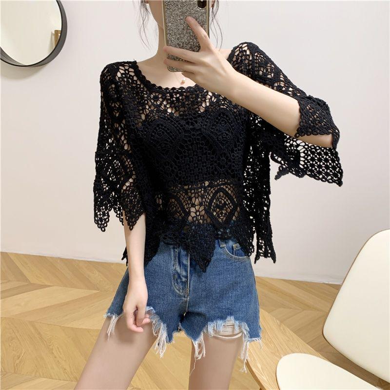 2025 Women's Casual Lace Blouse: Short Sleeve Crochet Shawl, Hollow Out, Fashionable Knit Top