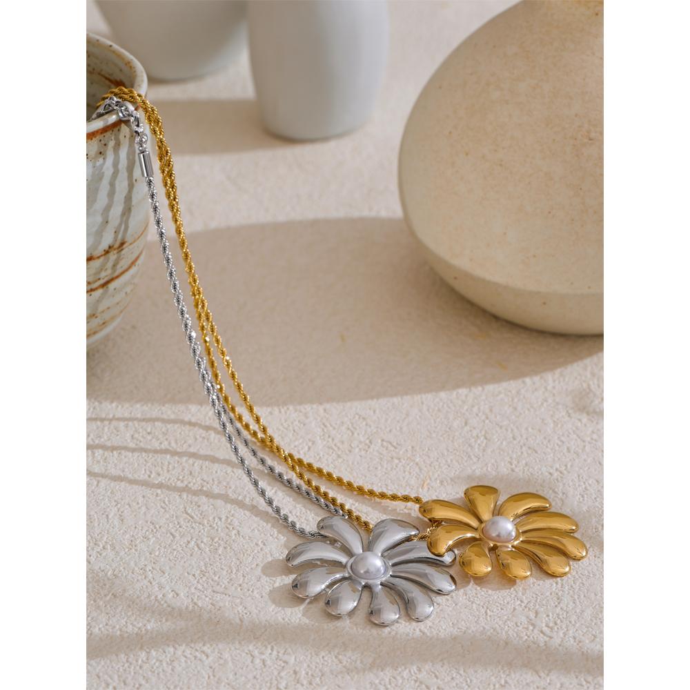 Yhpup Trending Stainless Steel Big Flower Smooth Necklace Bracelet Earrings Ring PVD Plated Attractive Jewelry Set for Women
