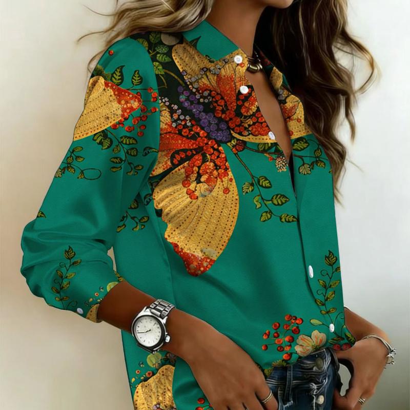 The Lady's Long-sleeved Button-down Shirt Features a Green Butterfly Flower Design with Exquisite Insect Patterns, Making It Perfect for a Date.