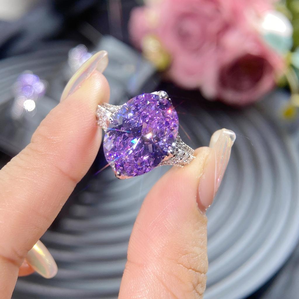 2026 Pigeon Egg Comparable To Ice Flower Cut Purple Lithium Glow Inlaid Zircon Banquet Open Ring Female