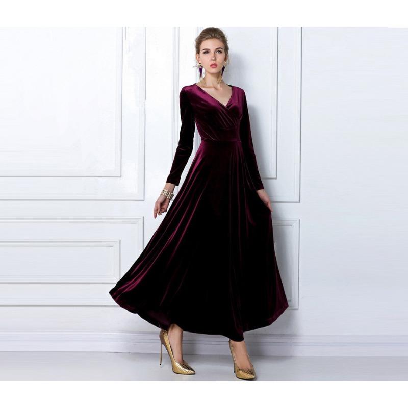 Women's Long Sleeve Velvet Maxi Dress - Elegant V-Neck Autumn Winter Evening Gown