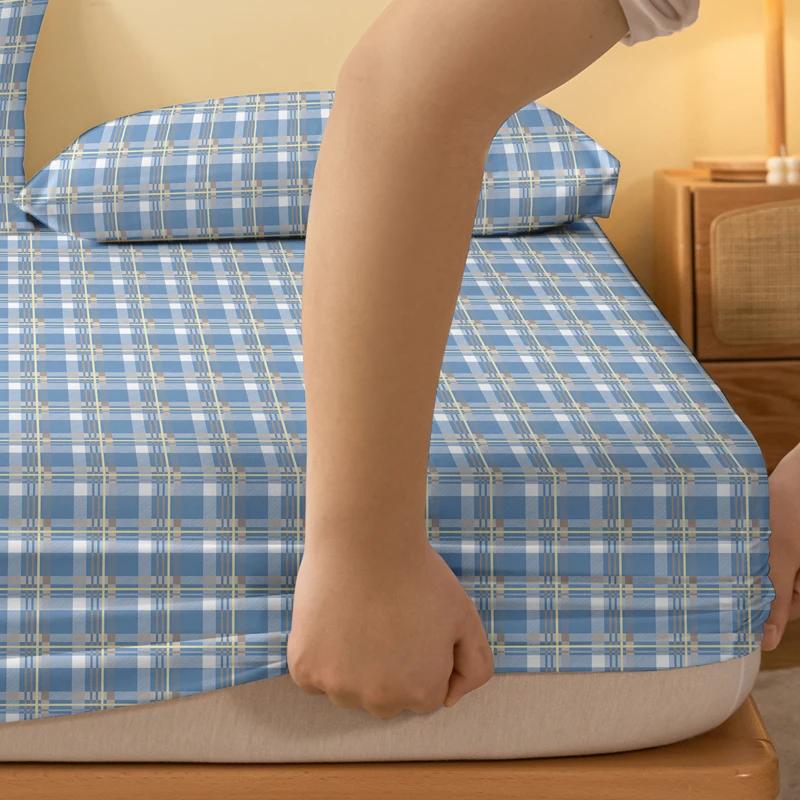 Simple 1 Modern Grid Geometry Printed Matte Fitted Sheet, Bedroom Printed Bed Cover, Bedding Excluding Pillowcases