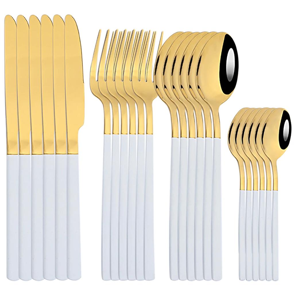 24Pcs Gold Tableware Sets Stainless Steel Cutlery Knife Tea Fork Coffee Spoon Flatware Dishwasher Safe Dinner Kitchen Dinnerware