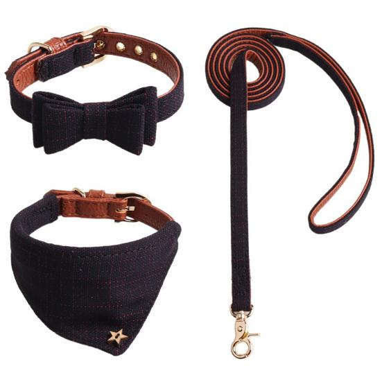 3Pcs/Set Pet Collar Set Plaid Print Vintage Style Bowknot Tie Dog Collar