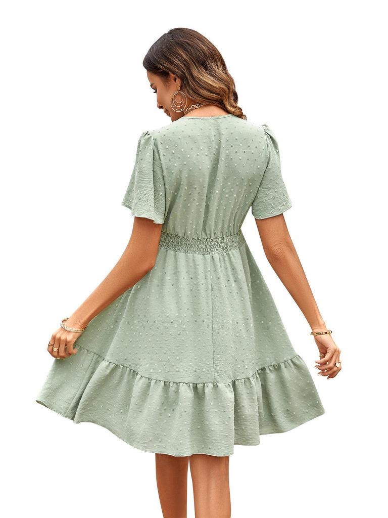 2023 Casual Spring/Summer Women's V-neck Ruffle Sleeve Dress - Solid Color