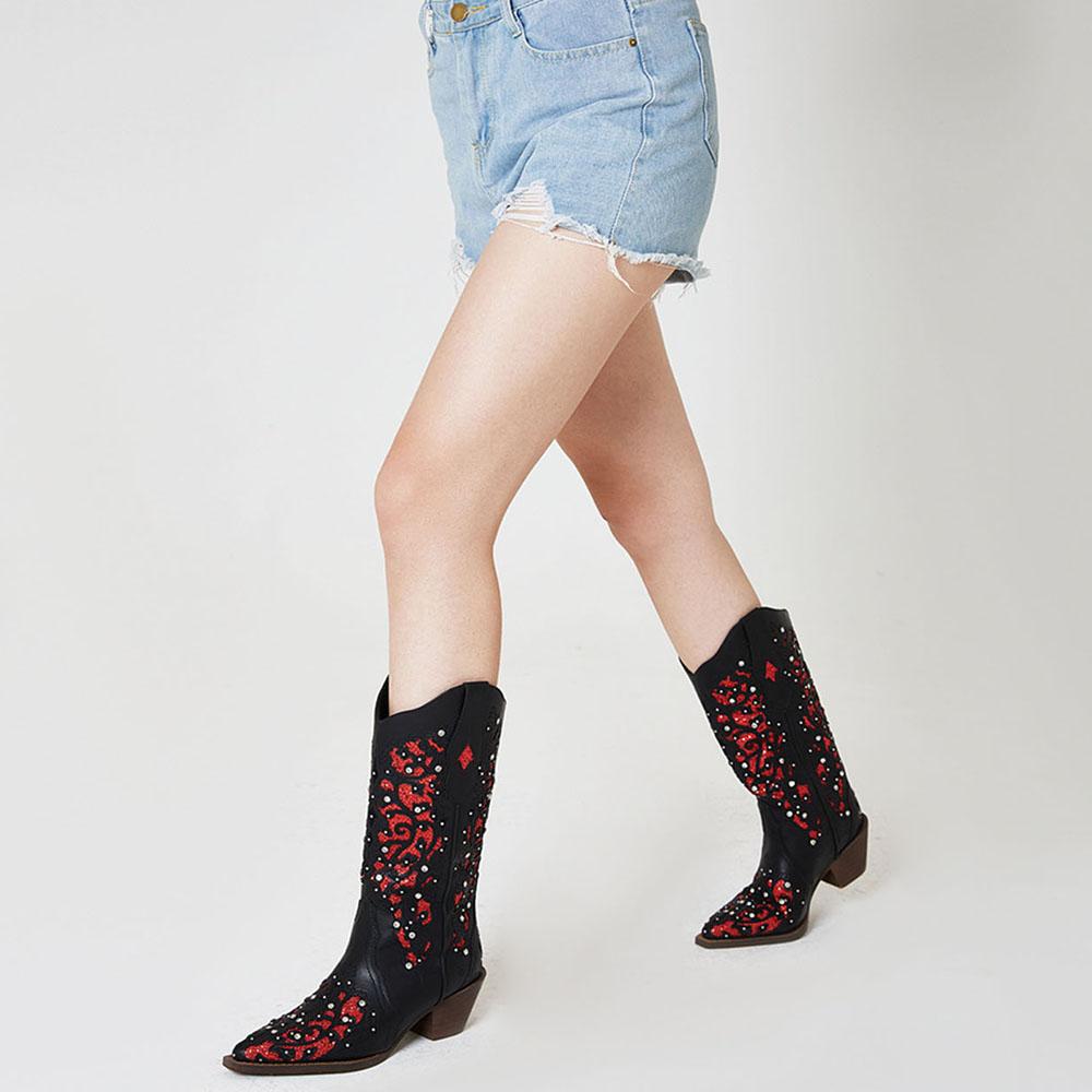 GIGIFOX Kovbojské kamínkové westernové boty do půli lýtka pro ženu, blokový střední podpatek, nazouvací, špičatá špička, vyřezávané, retro kovbojské boty